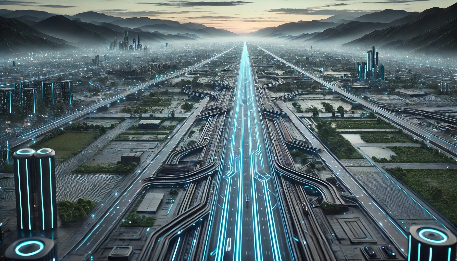 DALL·E 2024-11-27 12.37.35 - A high-resolution 4K image of a futuristic highway resembling a very wide road with an anthracite color palette, set within a mix of urban and natural.jpg
